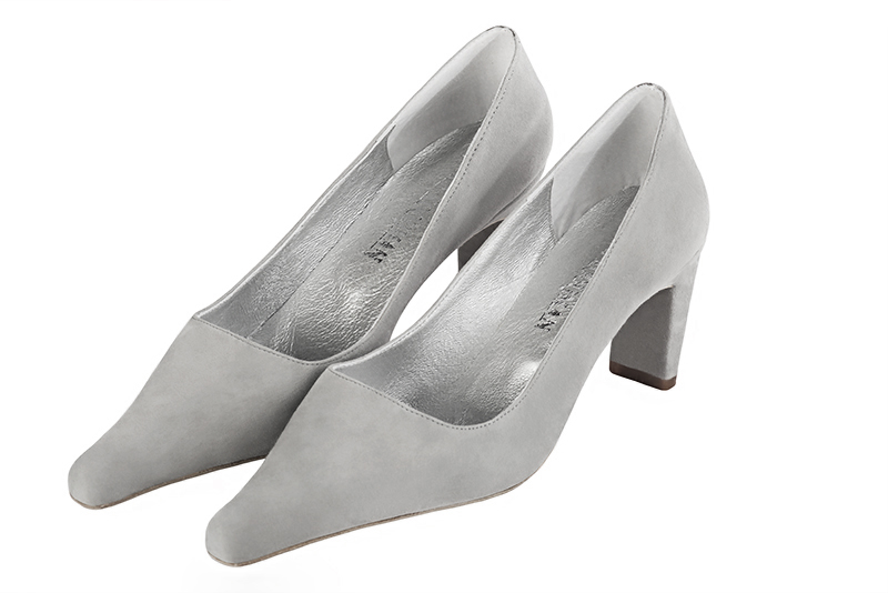 Pearl grey women's dress pumps,with a square neckline. Pointed toe. Medium comma heels. Front view - Florence KOOIJMAN